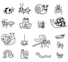Vector Collection of cute insects. Linear hand drawn doodle. Isolated decorative characters frog, snail, beetles and spider, dragonfly and bee, ladybug and mosquito for design, decor, decoration © Ludmila