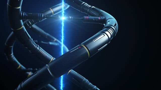 an abstraction on technology and artificial intelligence, robot DNA, or a component of something particularly important with a blue ray