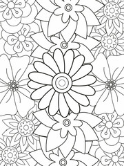 Outline vector drawings of flowers for adult coloring books. Page of floral pattern in black and white