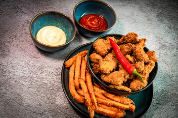 Fried, spicy chicken nuggets served with sweet potato fries. Decorated with chilli peppers - obrazy, fototapety, plakaty