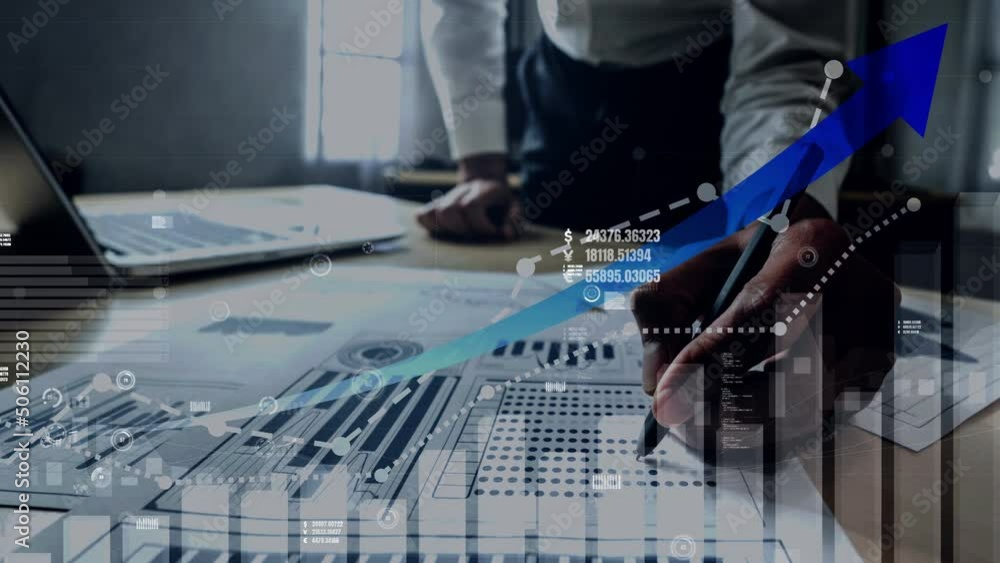 Poster double exposure image of business and finance conceptual - businessman with report chart up forward 