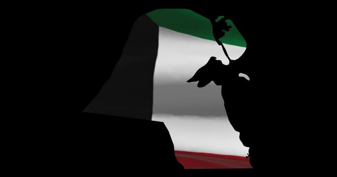 Kuwait country map outline with national flag animation. Alpha channel footage