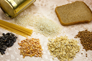 Products natural cereals bread and canned food. Grocery set of natural food.Retail products concept.