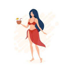 A girl in a bikini is holding a coconut cocktail. Vector illustration.