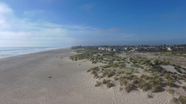aerial footage of gorgeous silky brown sand dunes along the beach covered with lush green plants and grass with vast blue ocean water and people on the beach at Oxnard State Beach Park in Oxnard
