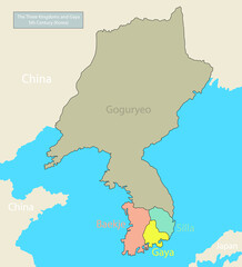 illustration of history and geography, ancient kingdom map of korea, Baekje and Silla, Goguryeo was one of the Three Kingdoms of Korea