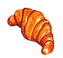 Watercolor fresh tasty french croissant isolated on white background. Food sketch illustration.