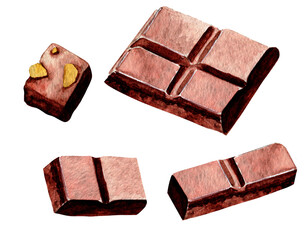 Watercolor chocolate sliced bar with nuts. Sweet food sketch isolated on white background.