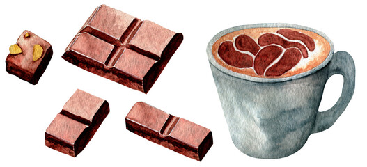 Watercolor coffee cup with chocolate pieces isolated on white. Sweet breakfast sketch