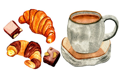 Watercolor cup of coffee, croissants and chocolate isolated on white background