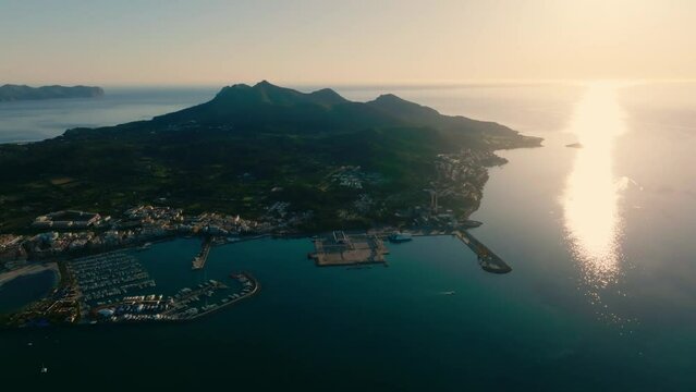 Aerial view of the beach in Palma de Mallorca with the town and harbor below beautiful coastline scenery Spain Mediterranean Sea, Balearic Islands.