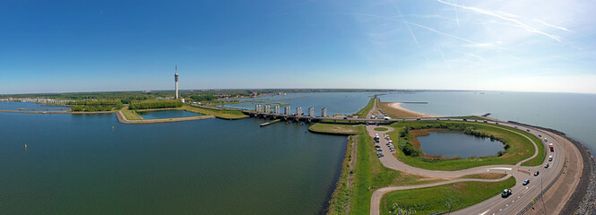Aerial panorama from Houtrib sluices near Lelystad in the Netherlands - obrazy, fototapety, plakaty