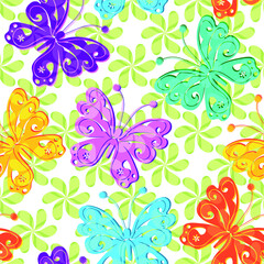 Seamless colorful floral pattern with butterflies on a transparent background. Vector eps 10