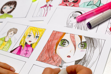 The artist draws sketches of anime frames on paper. Manga style. - 506116618