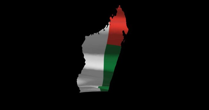 Madagascar country map outline with national flag animation. Alpha channel footage