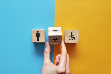 an image of an expensive person and a disabled person and an equal sign between them. Equality and acceptance of persons with disabilities - obrazy, fototapety, plakaty