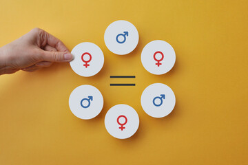 Paper mugs with badges of men and women Equality between men and women. Gender equality and...