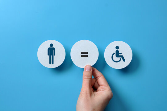 an image of an expensive person and a disabled person and an equal sign between them. Equality and acceptance of persons with disabilities