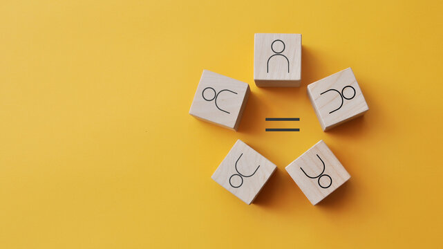 The image of people in a circle and the sign is equal. Equality between different people