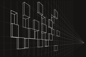 Linear architectural sketch abstract asymmetric cube facade in perspective on black background