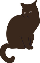 A brown cat with a long tail sits with its tail hanging down