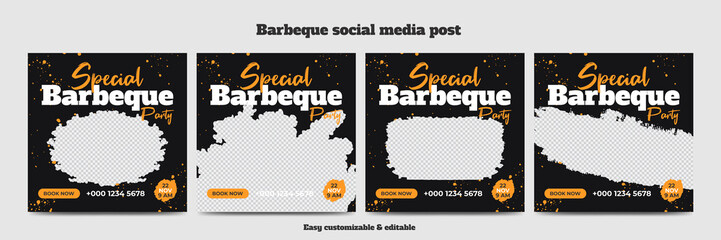 Barbeque social media post template bundle. Delicious grill bbq food social media web banner set