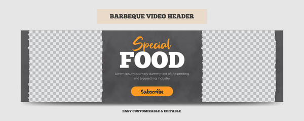 Barbeque video cover header template. Delicious grill bbq food video web banner 