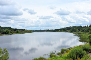 Panoramic view of Volkhov river at cloudy day