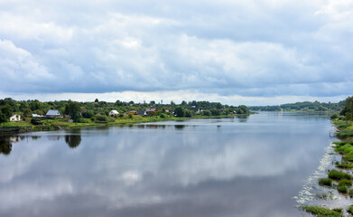 Panoramic view of Volkhov river at cloudy day