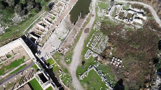 Aerial View Of The Archaeological Site With Ancient Stone Road And Columns Ruins