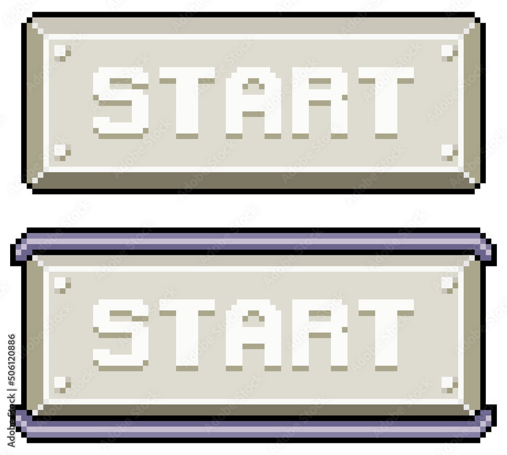 Poster pixel art start button for metallic style interface vector icon for 8bit game on white background