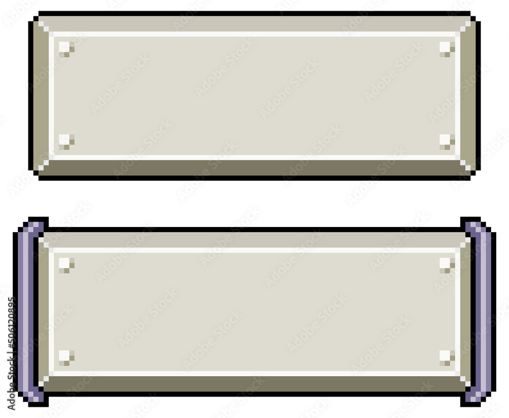 Poster pixel art buttons for metallic style interface vector icon for 8bit game on white background