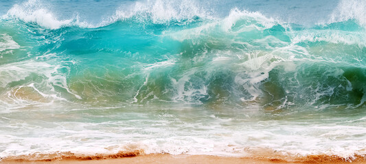 Blue and aquamarine color sea waves and yellow sand  with white foam. Marine beach background. Banner format. - 506120862