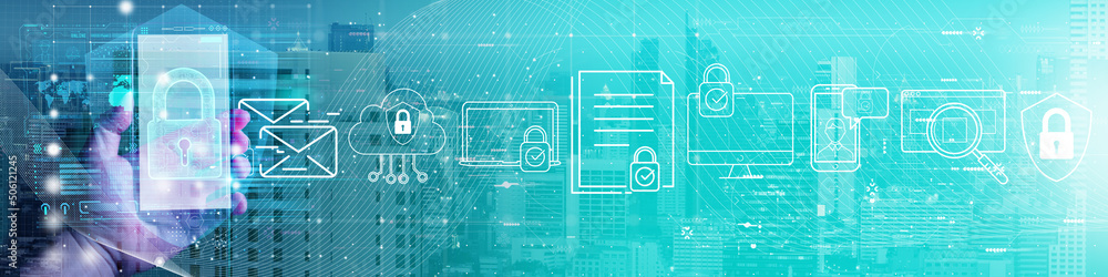 Poster Double exposure of Data protection with person hand using a smart phone computer with cyber security concept on city background.