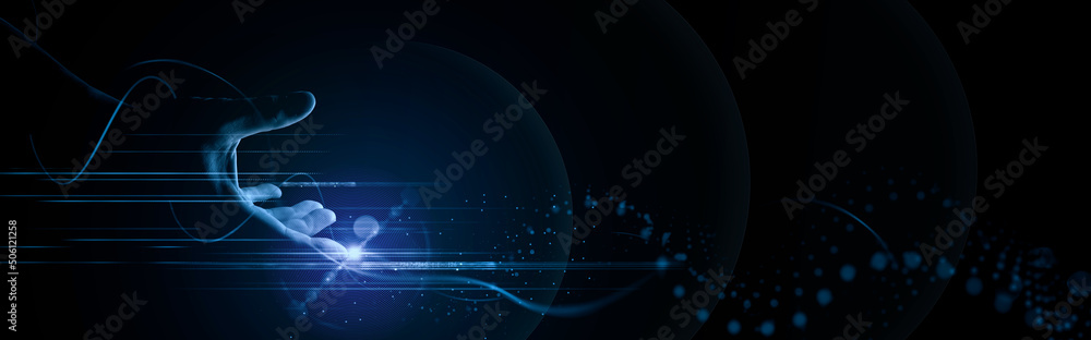 Poster Businessman hand throw digital data network transformation next generation technology on cyberspace,Algorithm, Metaverse and data science.Internet network and digital software development.
