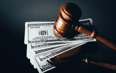Judge gavel, dollars for business, finance, corruption, money, financial crimes