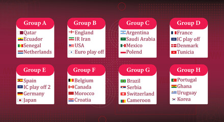  FIFA World Cup. World Cup 2022. Match schedule template. Football results table, flags of world countries. Vector illustration