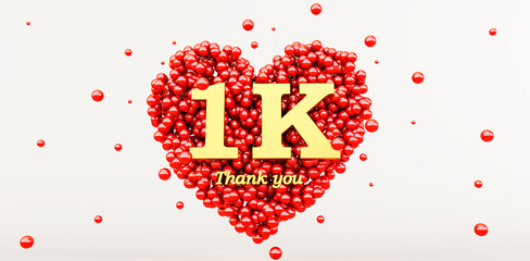 3D render of a gold 1000 followers thank you isolated on white background, 1k, red heart and red balloons, ball.