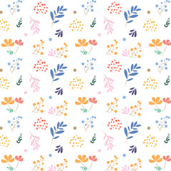 A pattern of flowers and plants in pastel colors.
