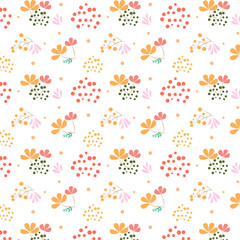 A pattern of flowers and plants in pastel colors.