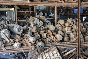 Old and abandoned auto parts. Car graveyard.