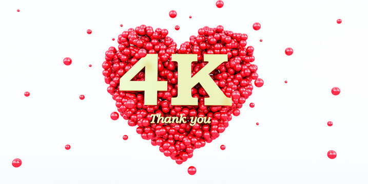 3D render of a gold 4000 followers thank you isolated on white background, 4k, red heart and red balloons, ball.