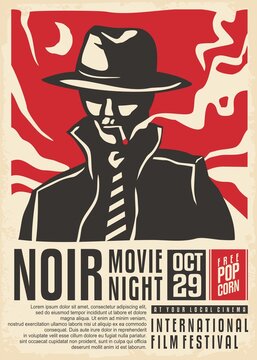 Noir Movies Vintage Poster Design. Detective With Cigarette Standing On The Moonlight, Retro Ad Concept For Cinema Event. Vector Illustration.