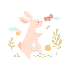 Cute cartoon rabbit looking at butterfly, dragonfly. Bunny walking on nature, summer or spring season with insects, flowers isolated on white background. Vector illustration, kids story with animal