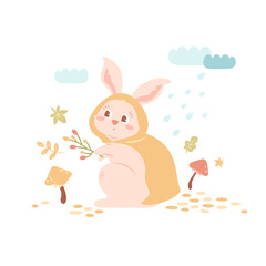 Cute bunny in raincoat. Autumn kids illustration with rabbit, clouds and rain drops, mushrooms, leaves. Fall season. Vector cartoon concept