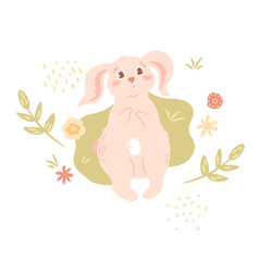 Сute rabbit lying on grass and looks with adorable big eyes. Cartoon bunny resting on summer abstract background with flowers and leaves. Isolated character in pastel pink colors. Vector illustration