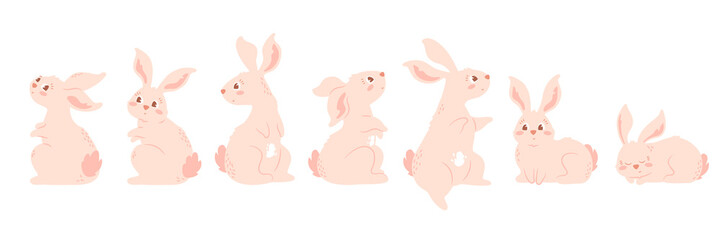 Cute cartoon rabbit in different poses. Funny bunny set. Standing, sitting, sleeping baby animal isolated on white background. Character, mascot in pastel pink colors. Vector illustration.