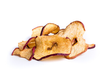 Dehydrated apple slices with cinnamon and sugar sprinkles over white.