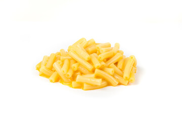 Macaroni and cheese dinner pasta. Orange cheesy pasta isolated over white.
