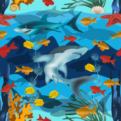 Seamless underwater card with shark tropical fish. vector illustration